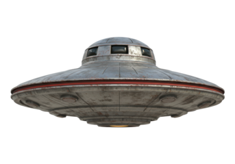 Isolated futuristic UFO craft spacecraft, metallic with red highlights for sci-fi concept