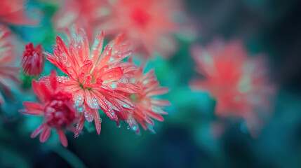 Vibrant floral arrangement glows in morning sunlight with delicate dew drops on petals and a soft garden backdrop.