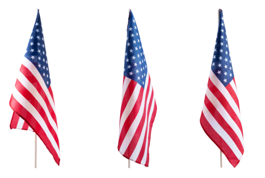 Set of USA flag isolated on transparent backdrop, representing liberty and democracy. American flag for Memorial Day, Veterans Day, Independence Day, and national celebration designs.