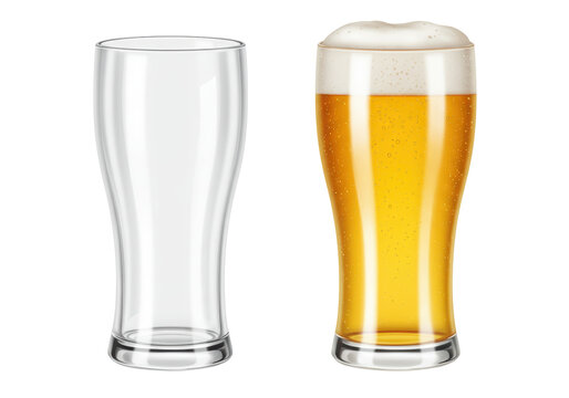 Isolated pilsner beer glass, empty and full, refreshing drink, bar scene, light and tasty