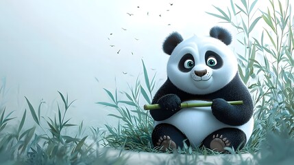 Fototapeta premium A cute and chubby cartoon panda sits peacefully in a bamboo forest happily holding a fresh bamboo stick against a serene blue grey background with