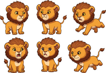 Cartoon lion cub with expressive poses, emotional animal character, cute jungle illustration, stock design, storytelling theme, wild pet