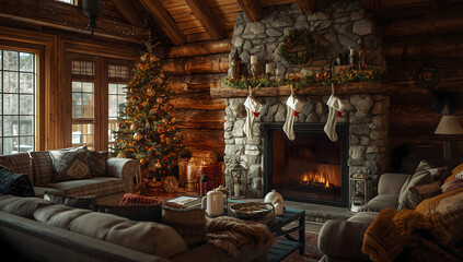 Naklejka premium Cozy christmas gathering rustic cabin living room holiday decor warm environment festive background