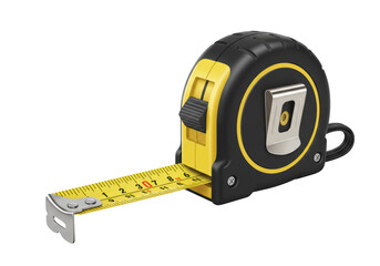 Isolated retractable metal tape measure on plain background, close-up view from eye level