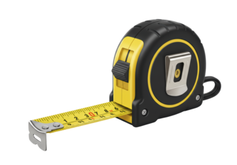 Isolated retractable metal tape measure on plain background, close-up view from eye level
