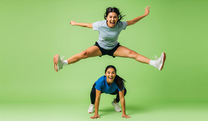 Two energetic and happy women in athletic wear have fun working out together, with one jumping high in a star shape while the other holds a squat, a picture of supportive friendship.