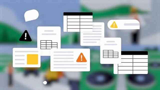 Office documents animation with data loss, alert messages and business error flat concept