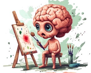 Cartoon Brain Painting on Canvas with Brush Amid Colorful Splashes