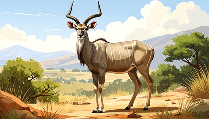 A regal kudu stands proudly amidst a vibrant African landscape, its elegant form highlighted by a detailed illustration.