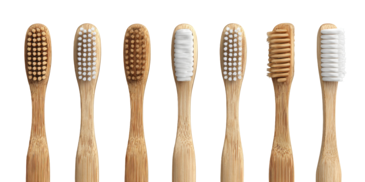 Seven bamboo toothbrushes in various bristle colors