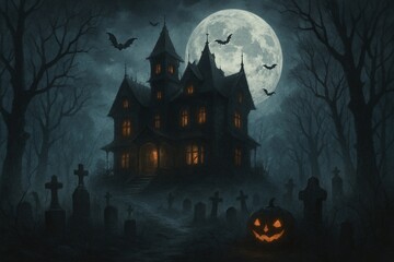 Old scary mansion standing on a hill surrounded by a forest, graveyard around the house, spooky Halloween Night