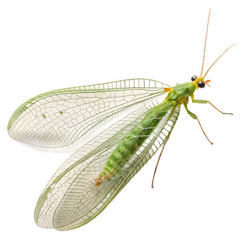 A green lacewing with transparent wings is isolated on transparent background, flying
