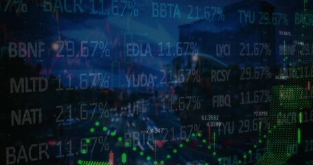 Financial and stock market data processing against aerial view of night city traffic - Powered by Adobe