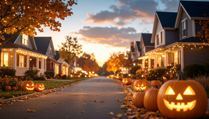 Suburban Street with Glowing Jack O Lanterns and Halloween House Decorations at Sunset