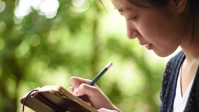 Woman writing in a notebook with a pencil in an outdoor setting.