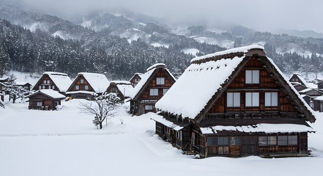 Serene winter landscape of a historic Japanese mountain village with traditional gassho-zukuri farmhouses covered in deep snow