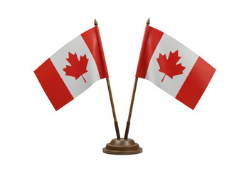 Isolated Canadian flags on table stand, national flags of Canada with maple leaf design