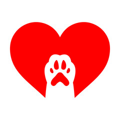 Cat paw in red heart svg cut file. Isolated vector illustration.