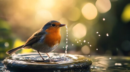 A small robin bird drinks water from a birdbath with drops splashing.