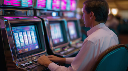 Retro futuristic slot machines inspired by 1980s cyberpunk aesthetic neon grid patterns on machine panels synthwave color palette of pink and teal chrome metallic finishes