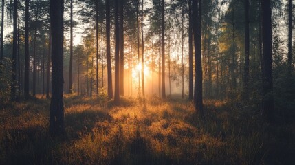 Naklejka premium A stunning sunrise illuminates a dense forest, casting warm light through the trees and creating a mystical atmosphere.