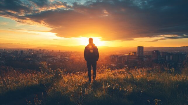 A solitary figure stands on a hilltop, silhouetted against a vibrant sunset over a sprawling cityscape. - Powered by Adobe