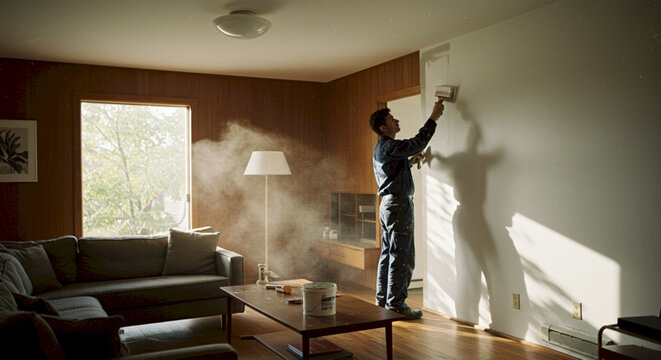 Man painting a wall in a modern living room with natural light  