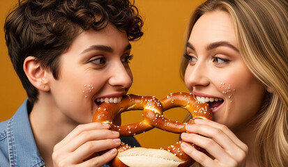 Two young women, best friends, happily share a large, soft pretzel, each taking a bite, a fun and delicious moment of friendship.