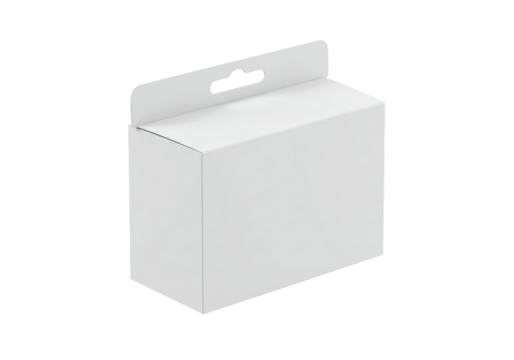 Isolated small cardboard box with hang tab cutout, packaging for retail store display