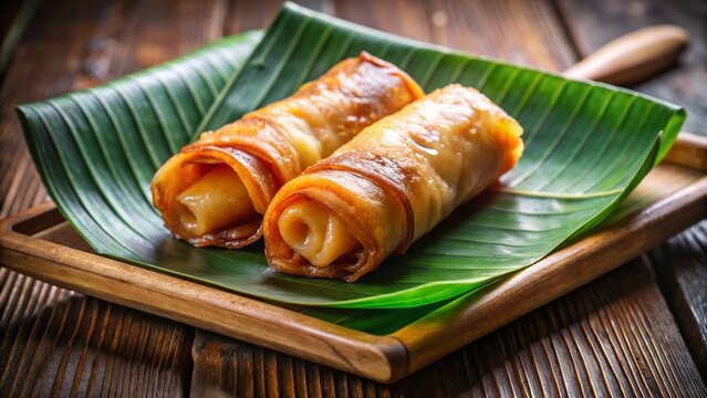 Crispy turon on wooden tray. Two pieces of turon, Filipino dessert, sit on a banana leaf on tray. This turon dessert is perfect for snack time.