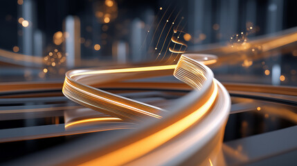 A futuristic financial technology hub where AI algorithms manifest as flowing ribbons of light transforming raw data into golden opportunities. Sleek interfaces float in mid air