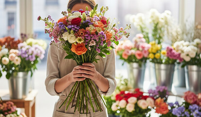 A woman's hands hold a large, beautiful, and vibrant bouquet of fresh, colorful flowers, with her face hidden, a perfect image for a florist, gift, or celebration.