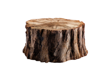 Close-up of a weathered tree stump.  A circular cross-section of a tree trunk, showing the wood grain and bark.  Dark brown, rich tones.  Isolated on a black background
