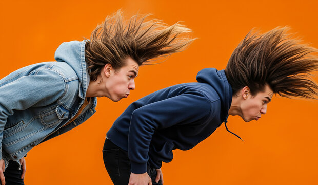A dynamic and energetic portrait of two young men with their hair flying, as if blown by a strong wind or headbanging to music, a fun and wild moment.