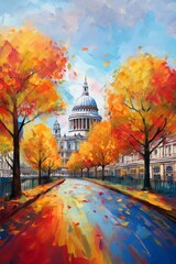 Painting style image of London on blustery autumn day featuring St Paul's Cathedral. 