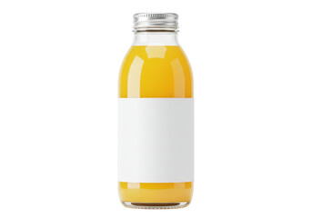 Isolated glass juice bottle, beverage container with blank label, clear yellow liquid refreshment