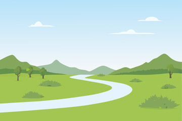 Obraz premium a serene landscape with winding river green fields and distant mountains