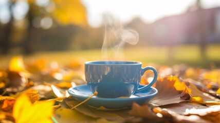 Warm steaming coffee cup nestled in vibrant autumn leaves on a sunny day