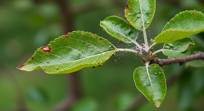 Vibrant Green Apple Leaves Showing Fungal Spots and Delicate Mite Webbing