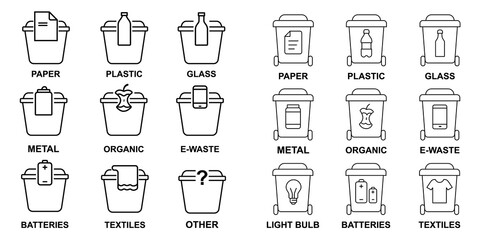 Set of 18 recycling bin icons for waste sorting in minimalist outline style – clean PNG pack for eco education and signage