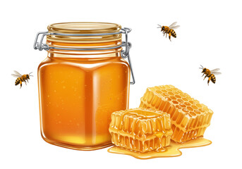 Isolated Honey jar illustration with dripping comb; amber nectar with bees; raw, sweet