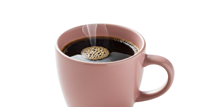 Closeup of a pink mug with coffee and a dissolving cookie.