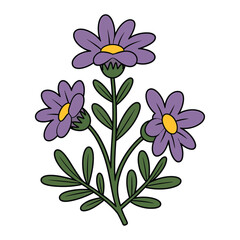 Fototapeta premium Purple wildflowers with yellow centers and green leaves