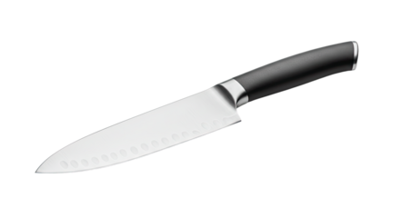 Closeup of a sharp kitchen knife with a black handle 1.