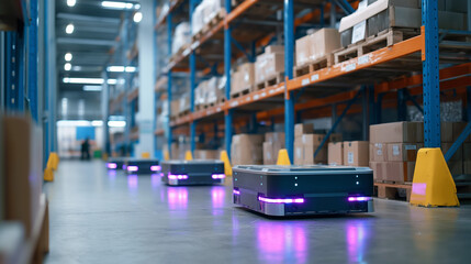 Futuristic warehouse automation with autonomous mobile robots navigating between towering shelves. LED strips guide their paths while overhead drones perform inventory scans. Human