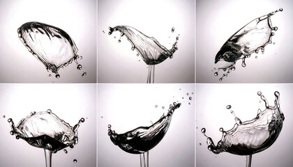 A dynamic collage of six transparent liquid splashes frozen in mid-motion inside a glass, creating elegant abstract shapes against a clean white background