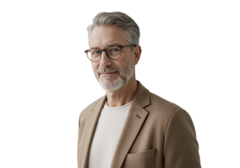 Portrait of a handsome mature businessman with gray hair and glasses looking confidently at the camera on a transparent background