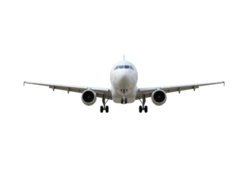 Isolated passenger airliner approaching, flying straight toward the viewer, low angle view