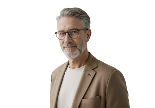 Portrait of a handsome mature businessman with gray hair and glasses looking confidently at the camera on a transparent background