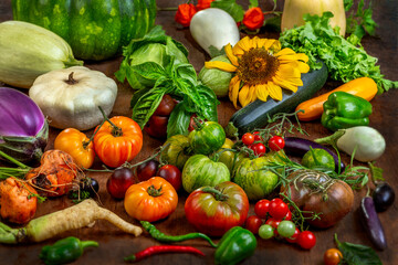 Fresh harvest of colorful vegetables and flowers